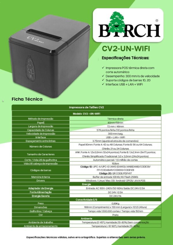 IMPRESSORA POS TÉRMICA BIRCH CV2-UN PRETA  USB+Ethernet+WIFI (BRC) - NOVO - Image 4