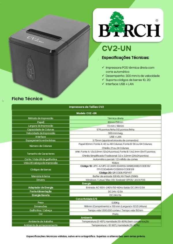 IMPRESSORA POS TÉRMICA BIRCH CV2-UN PRETA USB+Ethernet (BRC) - NOVO - Image 4