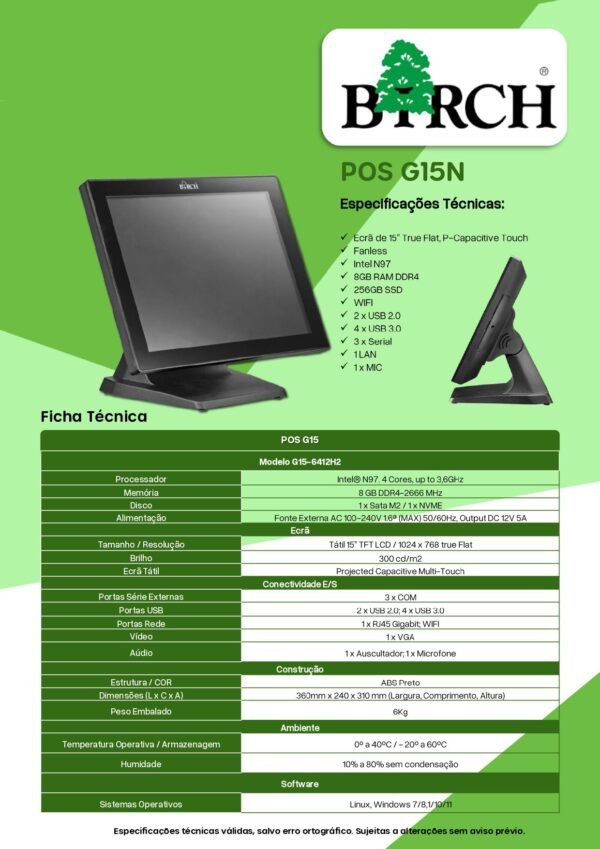 POS BIRCH G15 15.0'' INTEL N97 QUAD-CORE 8GB 256GB SSD (BRC) - NOVO - Image 3